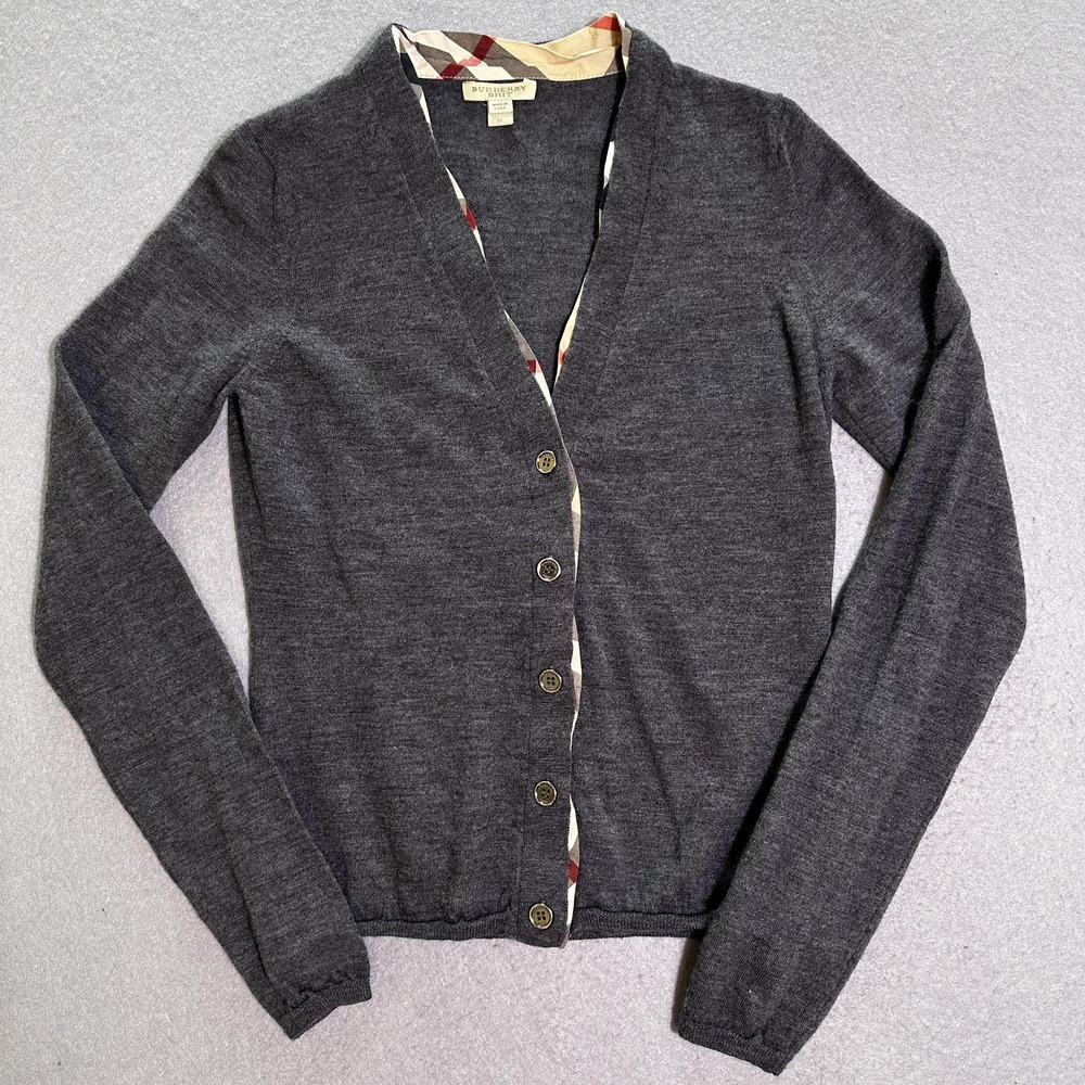 Burberry Brit Cardigan Sweater Womens Medium Gray 100% Merino Wool Button Front